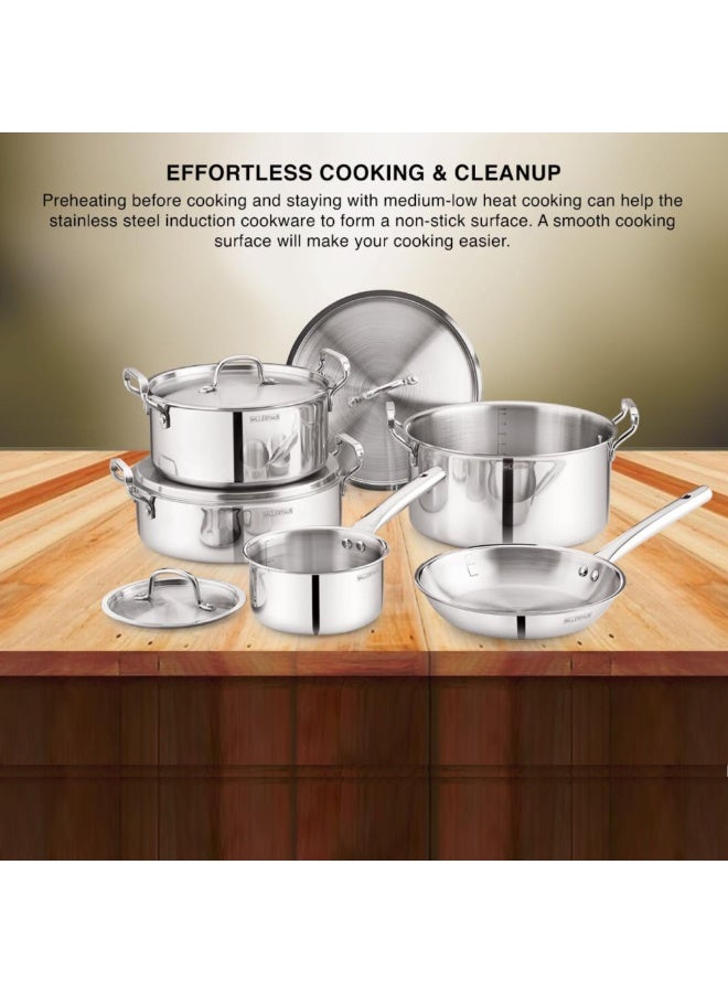 Bergner Triply Stainless Steel 9pcs Cookware Set - 16cm Saucepan, 24cm & 28cm Casseroles, 28cm Biryani Pot, 24cm Frypan & 4 Lids, Less Oil Use Healthy Cooking Set, Induction & Gas Compatible - Image 3